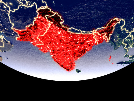 Satellite view of British India from space at night. Beautifully detailed plastic planet surface with visible city lights. 3D illustration.の写真素材