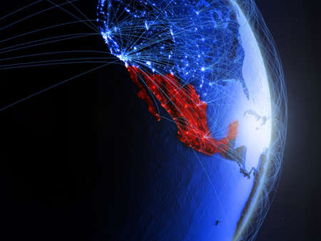 Mexico on blue digital planet Earth with network. Concept of connectivity, travel and communication....