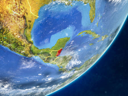 Belize on model of planet Earth with country borders and very detailed planet surface and clouds. 3D illustration.の写真素材