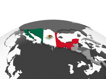 Mexico on gray political globe with embedded flag. 3D illustration.の写真素材
