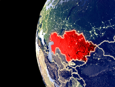 Night view of Kazakhstan from space with visible city lights. Very detailed plastic planet surface. 3D illustration.の写真素材