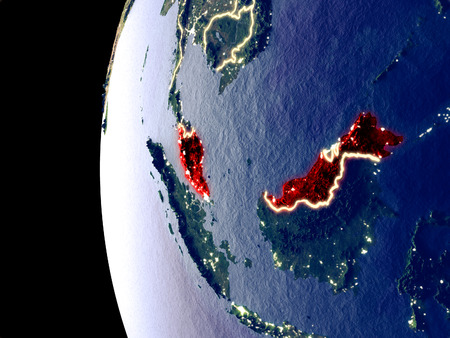 Night view of Malaysia from space with visible city lights. Very detailed plastic planet surface. 3D illustration.の写真素材