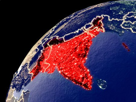 Satellite view of British India on Earth with city lights. Extremely detailed plastic planet surface with real mountains. 3D illustration.の写真素材