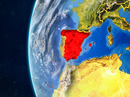 Spain from space on model of planet Earth with country borders and very detailed planet surface and clouds. 3D illustration.の写真素材