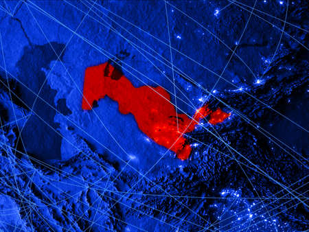 Uzbekistan on blue digital map with networks. Concept of international travel, communication and technology. 3D illustration.の写真素材