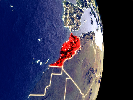 Satellite view of Morocco at night with visible bright city lights. Extremely fine detail of the plastic planet surface. 3D illustration.の写真素材