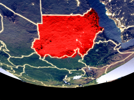 Satellite view of Sudan from space at night. Beautifully detailed plastic planet surface with visible city lights. 3D illustration.の写真素材