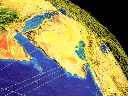 Arabia from space with country borders and trajectories representing global communication, travel,...