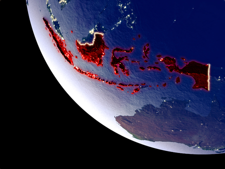 Orbit view of Indonesia at night with bright city lights. Very detailed plastic planet surface. 3D illustration.の写真素材