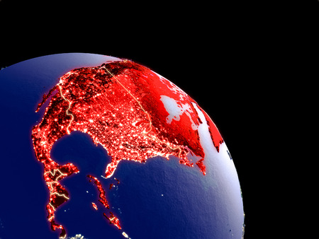 North America at night from orbit. Plastic planet surface with visible city lights. 3D illustration.の写真素材