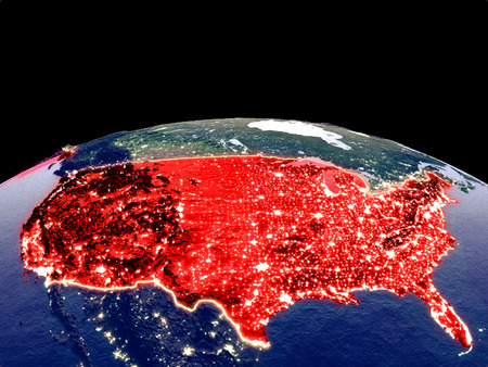United States from space on planet Earth at night with bright city lights. Detailed plastic planet surface with real mountains. 3D illustration.の写真素材