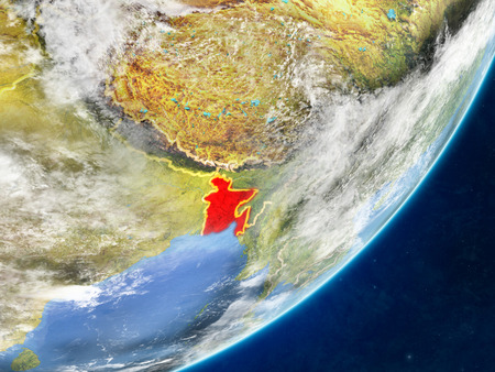 Bangladesh on model of planet Earth with country borders and very detailed planet surface and clouds. 3D illustration.の写真素材