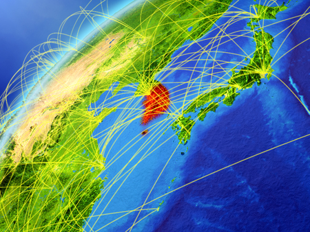 South Korea on model of planet Earth with international networks. Concept of digital communication and technology. 3D illustration.の写真素材