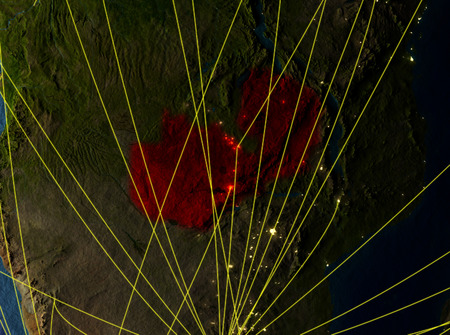 Zambia from space on model of planet Earth with networks. Detailed planet surface with city lights. 3D illustration.の写真素材