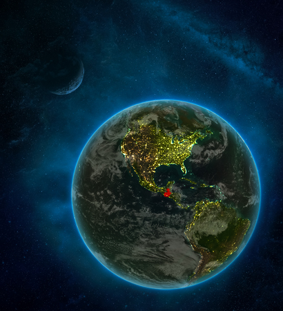 Guatemala from space on Earth at night surrounded by space with Moon and Milky Way. Detailed planet with city lights and clouds. 3D illustration.の写真素材