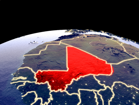 Mali from space on planet Earth at night with bright city lights. Detailed plastic planet surface with real mountains. 3D illustration.の写真素材