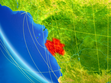 Gabon on planet Earth from space with network. Concept of international communication, technology and travel. 3D illustration.の写真素材