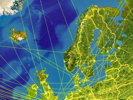 Northern Europe from space on Earth with country borders and lines representing international communication, travel, connections. 3D illustration.の写真素材
