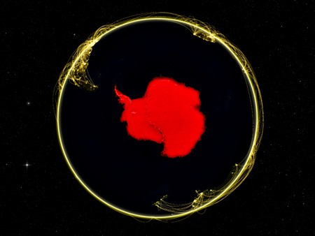 Antarctica on dark Earth with networks. May be representing air traffic, telecommunications or other communication network. 3D illustration.の写真素材