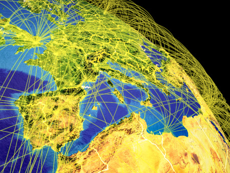 Southern Europe from space with country borders and trajectories representing global communication, travel, connections. 3D illustration.の写真素材