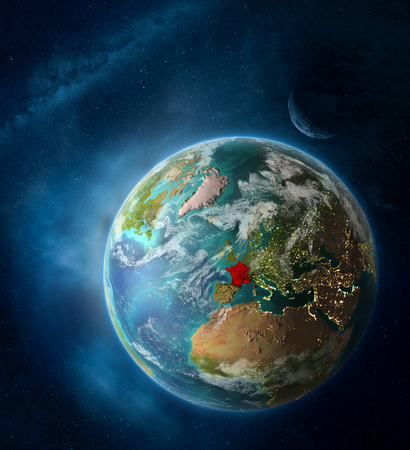 France from space on Earth surrounded by space with Moon and Milky Way. Detailed planet surface with city lights and clouds. 3D illustration.の写真素材