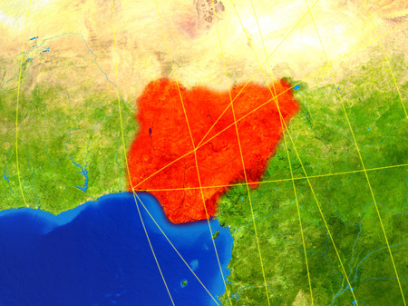 Nigeria from space on model of planet Earth with networks. Detailed planet surface with city lights. 3D illustration.の写真素材