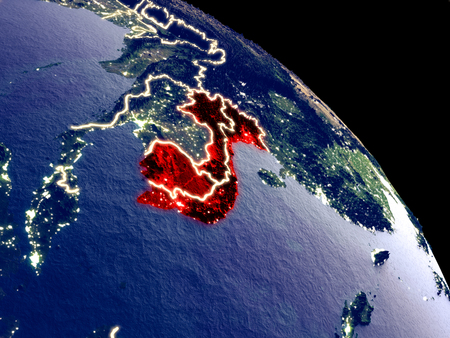 Indochina at night from orbit. Plastic planet surface with visible city lights. 3D illustration.の写真素材