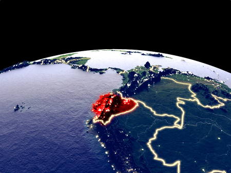 Ecuador from space on planet Earth at night with bright city lights. Detailed plastic planet surface with real mountains. 3D illustration.の写真素材