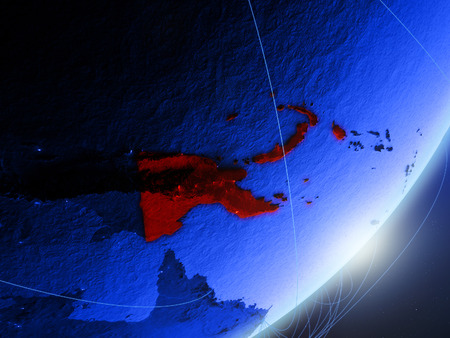 Papua New Guinea on green model of planet Earth with network at night. Concept of blue digital technology, communication and travel. 3D illustration.の写真素材