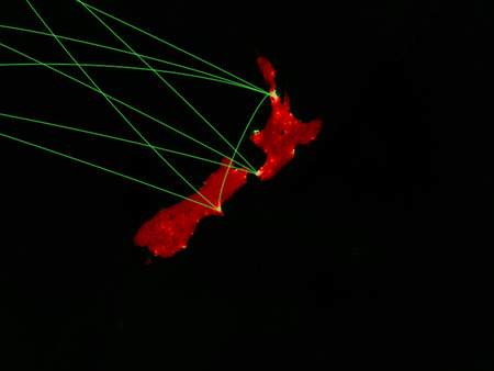 New Zealand on green map with networks. Concept of international travel, communication and technology. 3D illustration.の写真素材