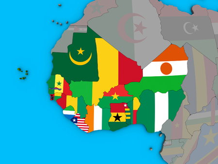 Western Africa with embedded national flags on blue political 3D globe. 3D illustration.の写真素材