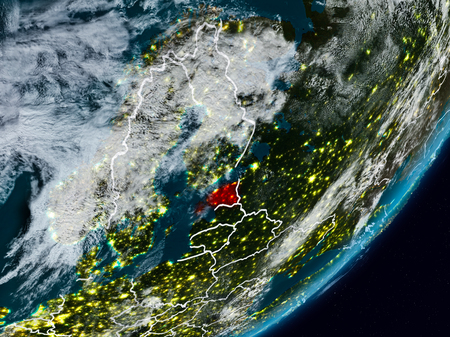 Estonia from space on planet Earth at night with visible country borders. 3D illustration.の写真素材