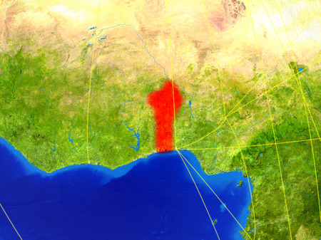 Benin from space on model of planet Earth with networks. Detailed planet surface with city lights. 3D illustration.の写真素材