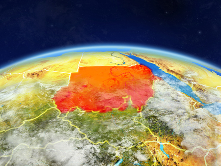 Sudan on planet Earth with country borders and highly detailed planet surface and clouds. 3D illustration.の写真素材