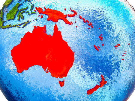 Australia on model of 3D Earth with blue oceans and divided countries. 3D illustration.の写真素材