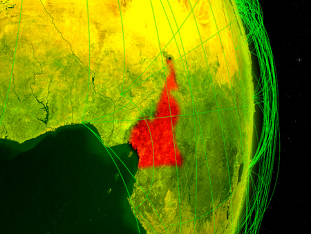 Cameroon on digital planet Earth with network. Concept of connectivity, travel and communication. 3D illustration.の写真素材