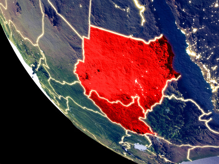 Orbit view of Former Sudan at night with bright city lights. Very detailed plastic planet surface. 3D illustration.の写真素材