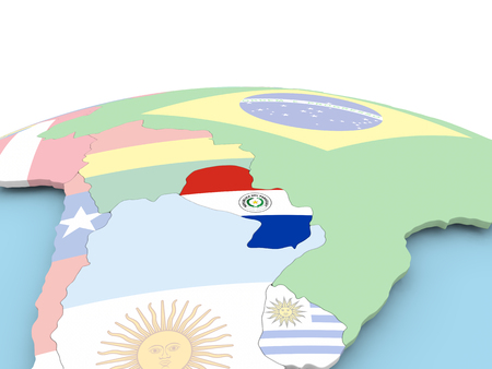 Paraguay on political globe with embedded flags. 3D illustration.の写真素材