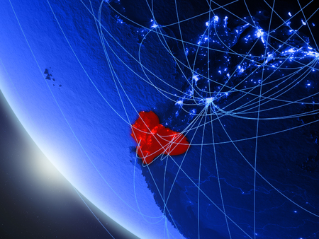 Ecuador on blue digital planet Earth from space with network. Concept of international communication, technology and travel. 3D illustration.の写真素材