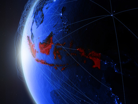 Indonesia from space on blue digital model of Earth with international network. Concept of blue digital communication or travel. 3D illustration.の写真素材