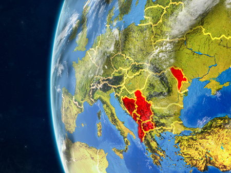 CEFTA countries from space on model of planet Earth with country borders and very detailed planet surface and clouds. 3D illustration.の写真素材
