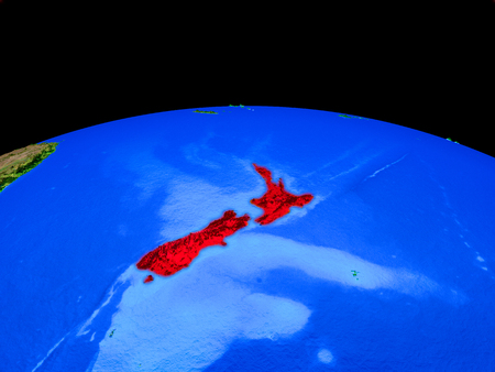 New Zealand on model of planet Earth with country borders and very detailed planet surface. 3D illustration.の写真素材