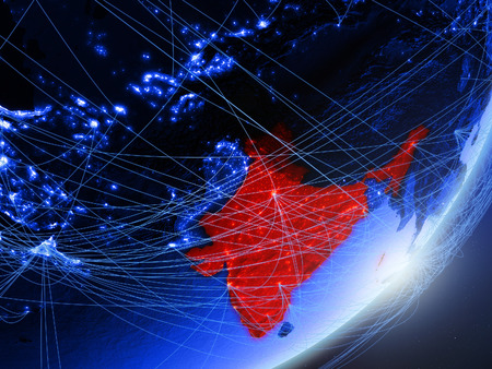 India on green model of planet Earth with network at night. Concept of blue digital technology, communication and travel. 3D illustration.の写真素材