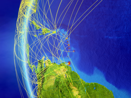 Caribbean from space on model of Earth with international network. Concept of digital communication or travel. 3D illustration.の写真素材