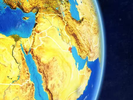 Kuwait on planet planet Earth with country borders. Extremely detailed planet surface and clouds. 3D illustration.の写真素材