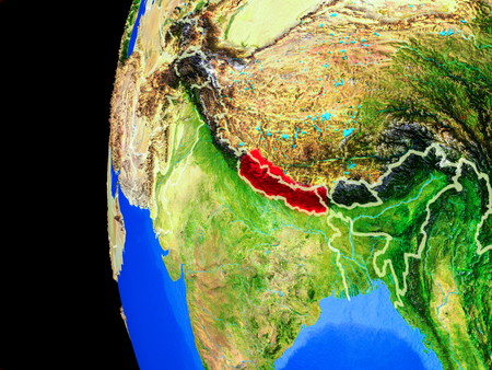 Nepal from space on realistic model of planet Earth with country borders and detailed planet surface. 3D illustration.の写真素材