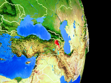 Armenia on realistic model of planet Earth with country borders and very detailed planet surface. 3D illustration.の写真素材