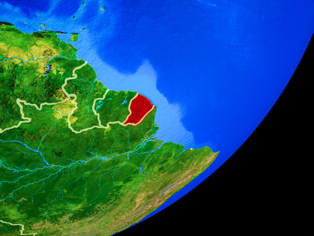 French Guiana on planet Earth with country borders and highly detailed planet surface. 3D illustration.の写真素材