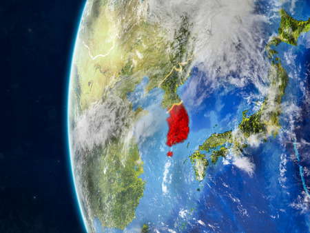 South Korea from space on model of planet Earth with country borders and very detailed planet surface and clouds. 3D illustration.の写真素材