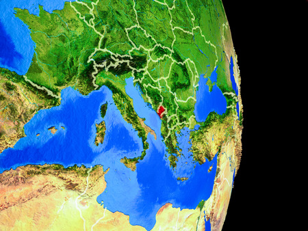 Montenegro on realistic model of planet Earth with country borders and very detailed planet surface. 3D illustration.の写真素材